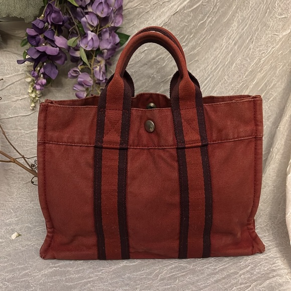 HERMES Fourre tout canvas red navy tote authentic - Picture 5 of 16